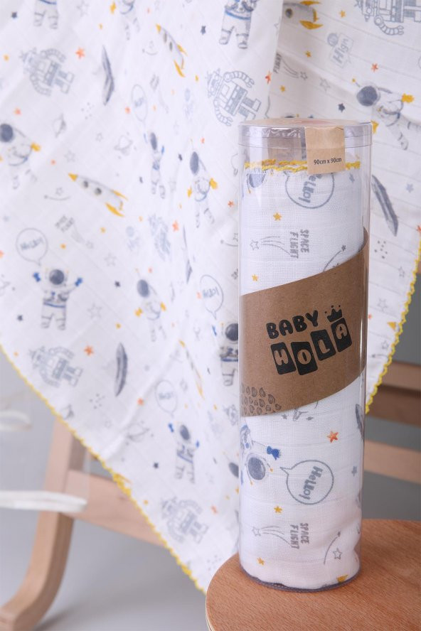 Müslin Örtü 85x90cm Astronot Desen Organik Hediyelik Emzirme Alt Açma Yenidoğan Puset Örtüsü - 8
