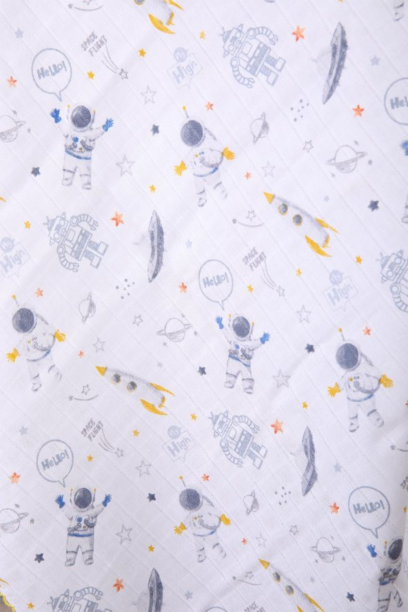Müslin Örtü 85x90cm Astronot Desen Organik Hediyelik Emzirme Alt Açma Yenidoğan Puset Örtüsü - 9