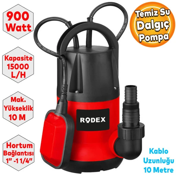 Rodex RDX8151 Dalgıç Pompa Temiz Su 900W 15000 L/H 10 Metre