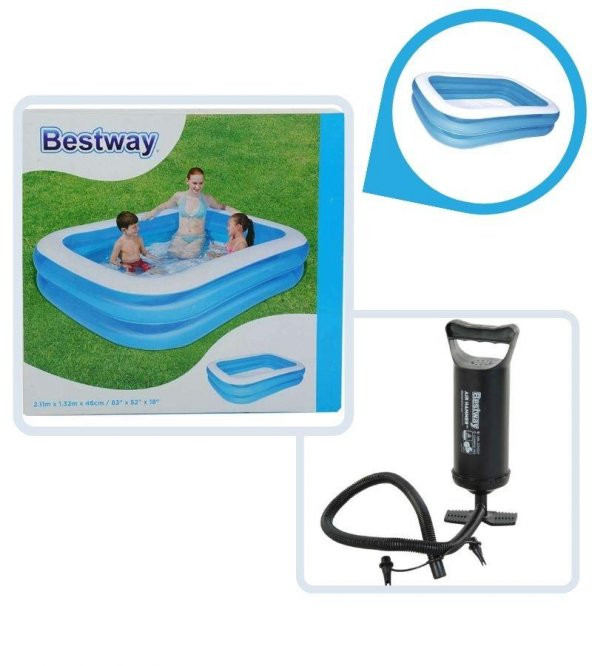 Bestway 12819 Büyük Boy Dikdörtgen Şişme Aile Havuzu 211x132x46cm + 62002 Pompa