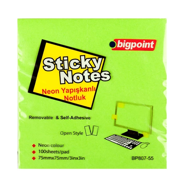 Bigpoint Yapışkanlı Not Kağıdı 75x75mm Neon Yeşil 12'li Paket