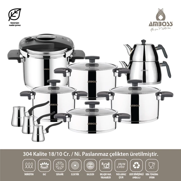 Amboss 18 Parça Enio Paslanmaz Çelik Çeyiz Seti - Gri - Resim 4