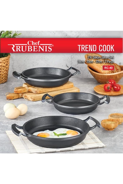 Chef Trend Cook 3 Lü Döküm Sahan Seti 18 Cm - 20 Cm - 22 Cm Siyah Rc-40