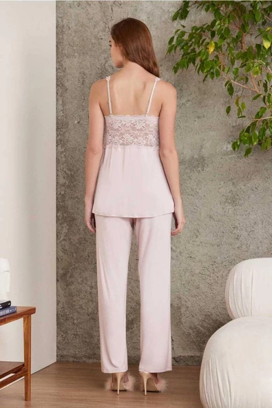 Pierre Cardin Dantelli Sabahlıklı Penye Pijama Takımı Pudra - Resim 2