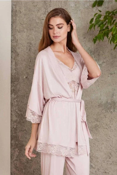 Pierre Cardin Dantelli Sabahlıklı Penye Pijama Takımı Pudra ürün görseli