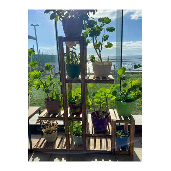6 Katlı 11 Bölmeli Doğal Ahşap Dekoratif Balkon Bahçe Çiçeklik Saksı Standı Saksılık 119x90x24 - 3