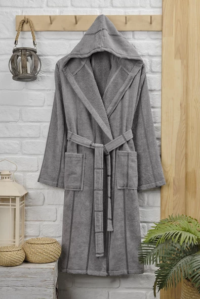 Pamuklu Kadife Kapüşonlu Unisex Bornoz - 7