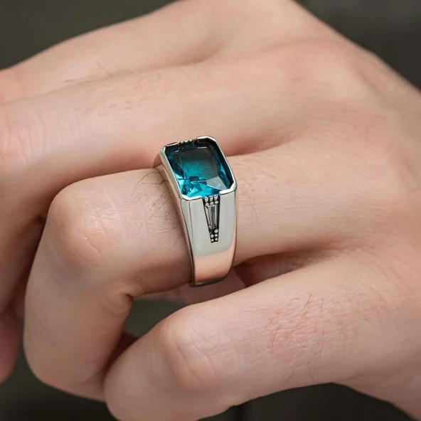 Aqua Mavi Taşlı 925 Gümüş Erkek Yüzük - 4