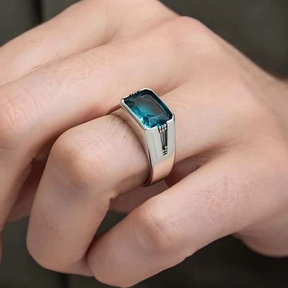 Aqua Mavi Taşlı 925 Gümüş Erkek Yüzük - 3