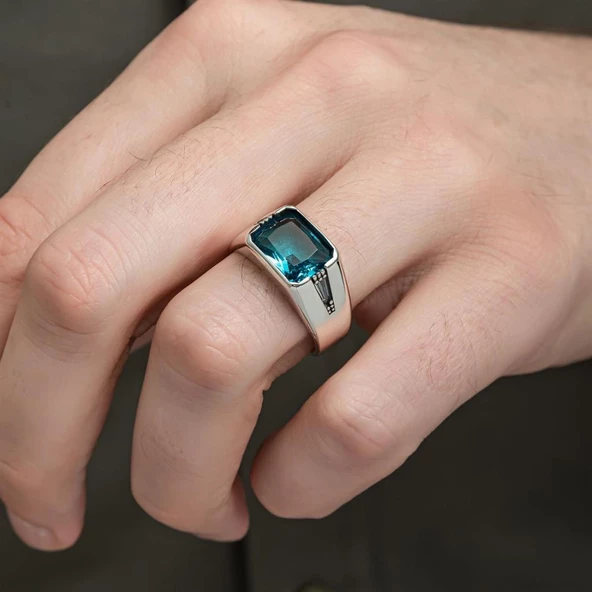 Aqua Mavi Taşlı 925 Gümüş Erkek Yüzük - 7