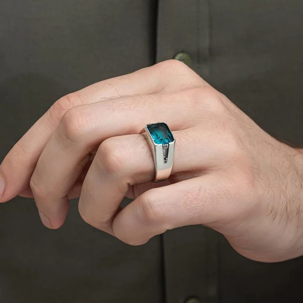Aqua Mavi Taşlı 925 Gümüş Erkek Yüzük - 8