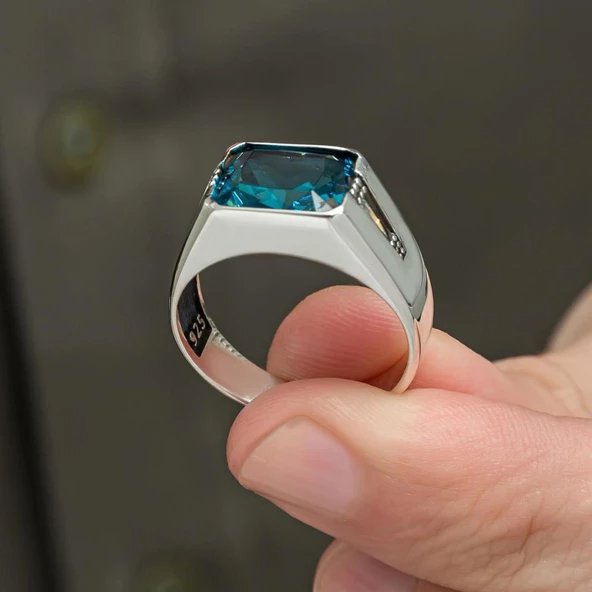 Aqua Mavi Taşlı 925 Gümüş Erkek Yüzük - 6