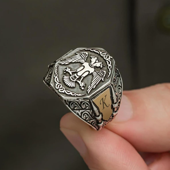 Selçuklu Kartalı Motifli Harfli 925 Gümüş Erkek Yüzük - 8