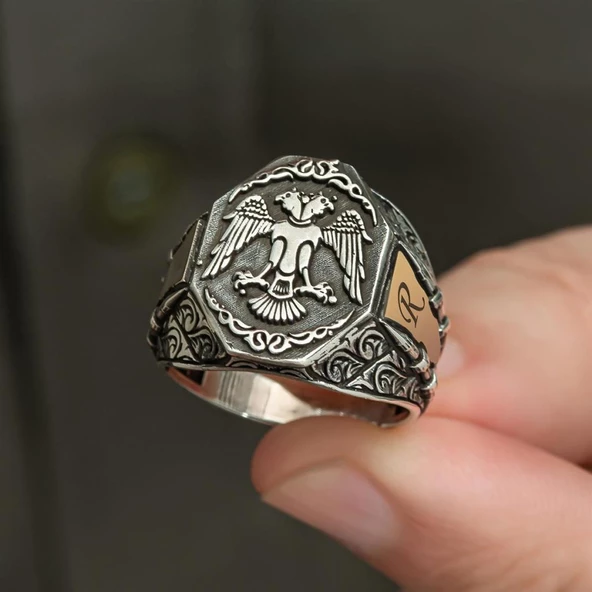 Selçuklu Kartalı Motifli Harfli 925 Gümüş Erkek Yüzük - 6