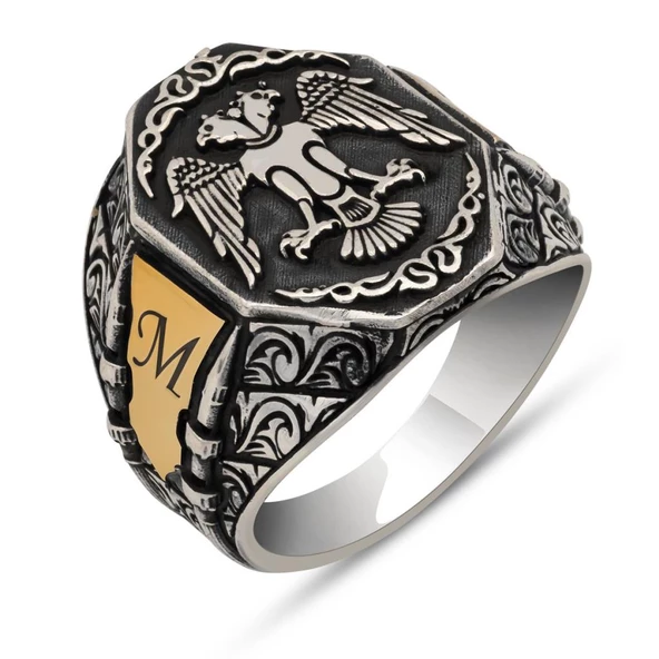 Selçuklu Kartalı Motifli Harfli 925 Gümüş Erkek Yüzük - 2