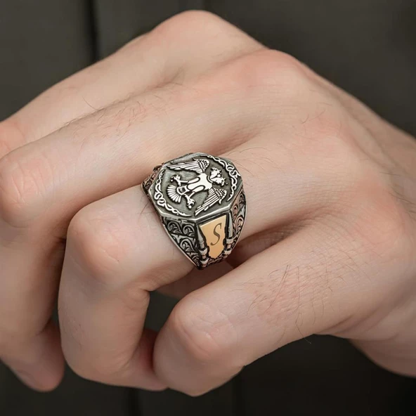 Selçuklu Kartalı Motifli Harfli 925 Gümüş Erkek Yüzük - 4