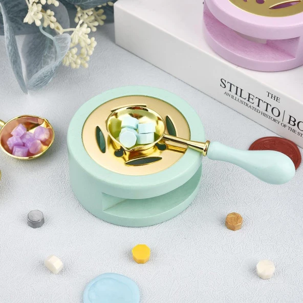 Davetiye Mum Mühürü Eritme Kaşığı El Yapımı Ahşap Saplı Su Yeşili - Resim 4