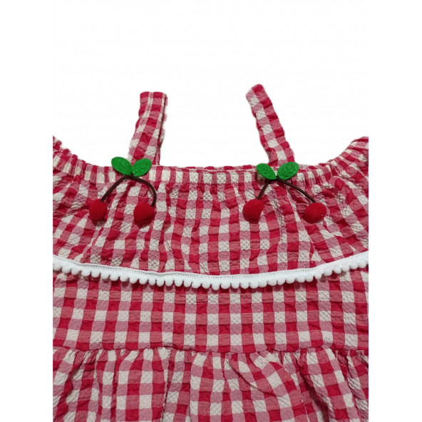 Kız Çocuk Pötikareli Askılı Kiraz Detaylı Elbise - 2