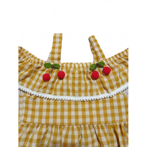 Kız Çocuk Pötikareli Askılı Kiraz Detaylı Elbise - 4