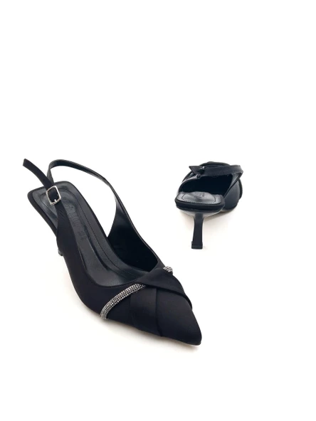 Potinonline K629 Kadın Saten Taşlı Arkası Açık Abiye Topuklu Ayakkabı - 5