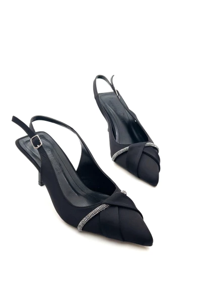 Potinonline K629 Kadın Saten Taşlı Arkası Açık Abiye Topuklu Ayakkabı - 7