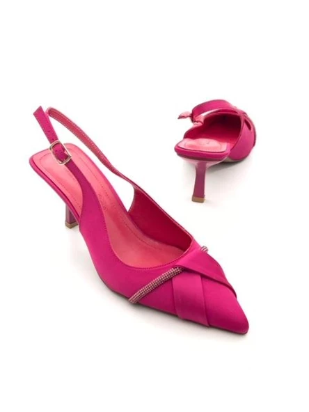 Potinonline K629 Kadın Saten Taşlı Arkası Açık Abiye Topuklu Ayakkabı