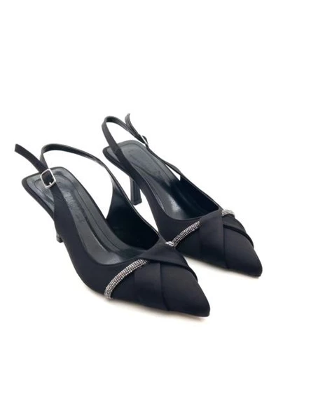 Potinonline K629 Kadın Saten Taşlı Arkası Açık Abiye Topuklu Ayakkabı - 8