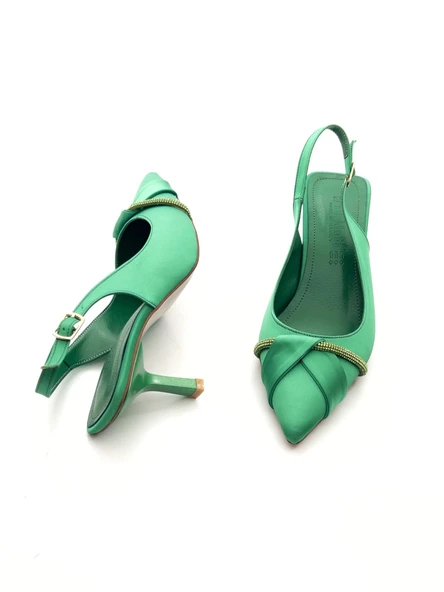 Potinonline K629 Kadın Saten Taşlı Arkası Açık Abiye Topuklu Ayakkabı - 11