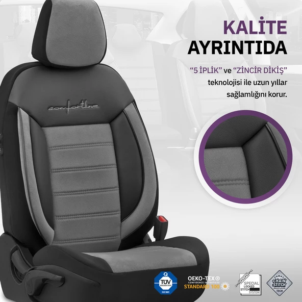 Otom Comfortline Series Universal Tay Tüyü Oto Koltuk Kılıfı Gri-Siyah - 4