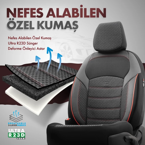 Otom Yeni Nova Design Özel Pamuklu Kumaş Oto Koltuk Kılıfı  Siyah-Kırmızı - 3
