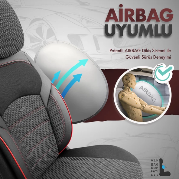 Otom Yeni Nova Design Özel Pamuklu Kumaş Oto Koltuk Kılıfı  Siyah-Kırmızı - 5