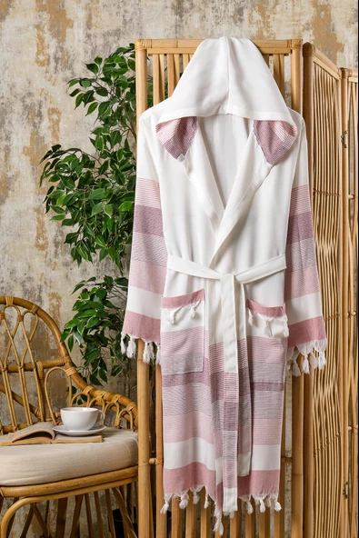 Peştamal Cepleri Püsküllü Kapüşonlu Bornoz Unisex - 3