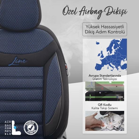 Otom Line Design Ekstra Destekli Oto Koltuk Kılıfı  Siyah-Mavi - 4