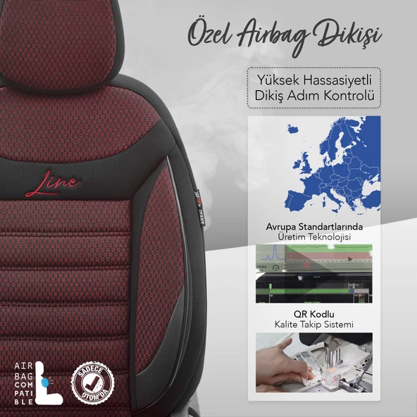 Otom Line Design Ekstra Destekli Oto Koltuk Kılıfı Siyah-Bordo - 4