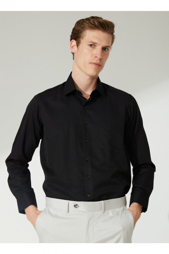 Regular Fit Klasik Yaka Armürlü Siyah Erkek Gömlek Gm2025000266