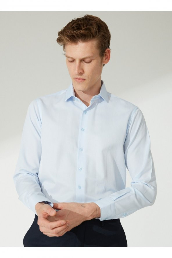 Slim Fit Klasik Yaka Armürlü Mavi - Buz Erkek Gömlek Gm2024700397