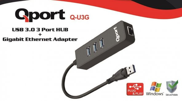 3 PORT USB 3.0 ÇOKLAYICI & GIGABIT ETHERNET ADAPTOR Q-U3G