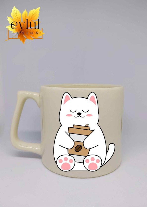 Krem Rengi Sevimli Kedi ve Kahve Özel Tasarım Lüks Seramik Kupa Bardak Latte Bardağı