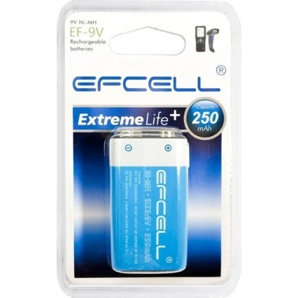 EFCELL EF-9V  ŞARJLI PİL 9V 250MAH NI-MH  ŞARJ EDİLEBİLİR PİL