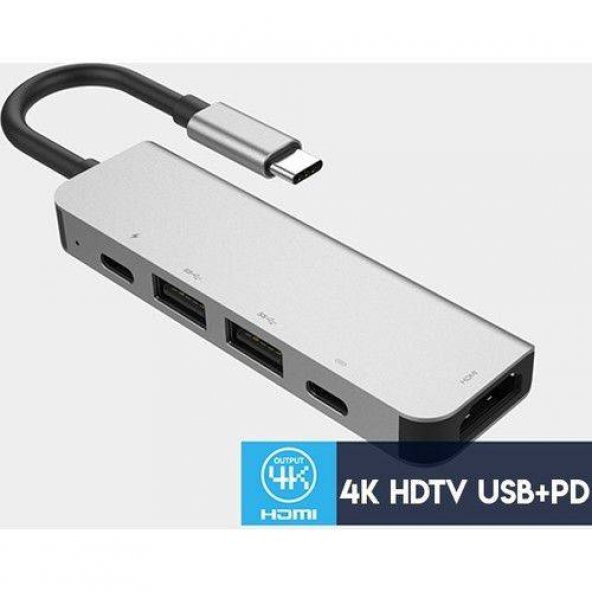 Coofbe 60W 5İN1 Hub Type-C Dönüştürücü Type-C Çoğaltıcı 4K  HDMI 2xUSB+2x PD Girişli Adaptör Çoklayıcı - 4