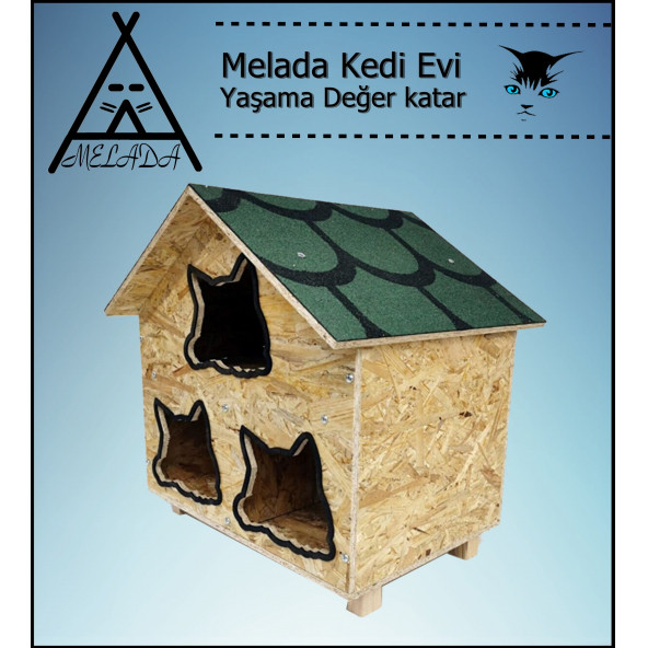 Melada Kedi Evi Dış Ortam Uygun Ahşap Kedi Evi OSB 58x58x40 cm