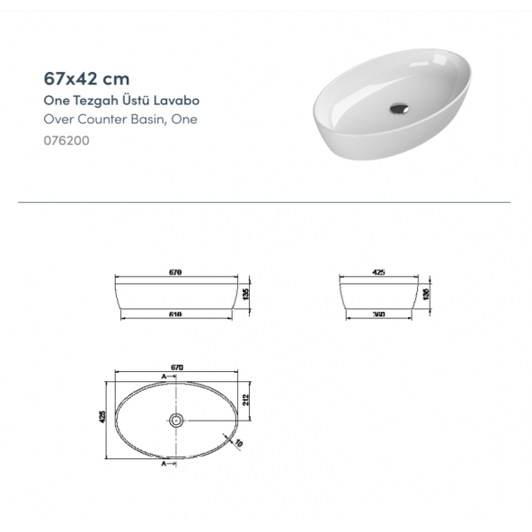 Turkuaz One 67x42 cm Batarya Deliksiz Tezgah Üstü Lavabo - 2