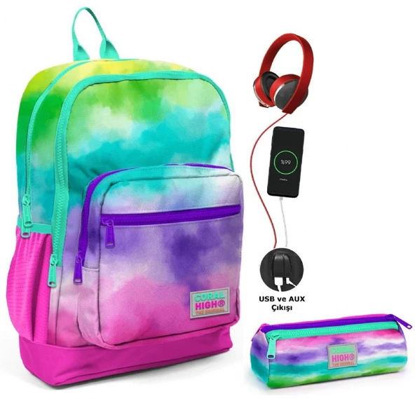 Coral High Renkli Boyama USB Soketli Okul Çantası ve Kalemlik Seti - Kız Çocuk