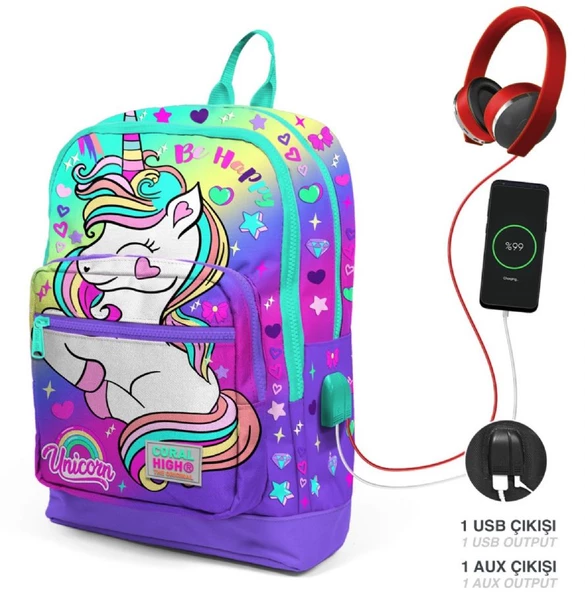 Coral High Su Yeşili Lavanta Unicorn USB Soketli Okul Çantası ve Kalemlik Seti - Kız Çocuk - Resim 2