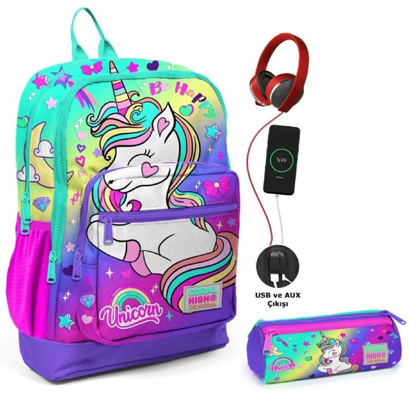 Coral High Su Yeşili Lavanta Unicorn USB Soketli Okul Çantası ve Kalemlik Seti - Kız Çocuk