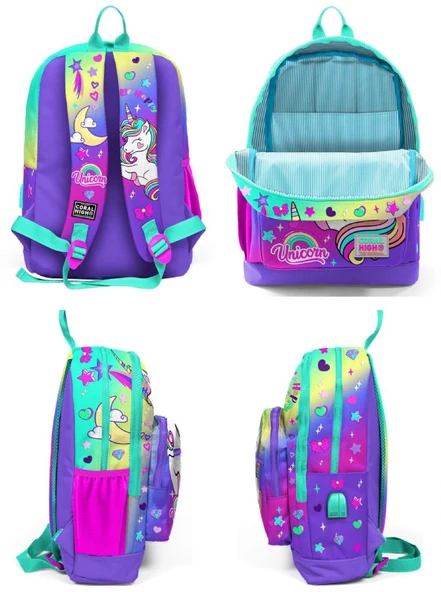 Coral High Su Yeşili Lavanta Unicorn USB Soketli Okul Çantası ve Kalemlik Seti - Kız Çocuk - Resim 3