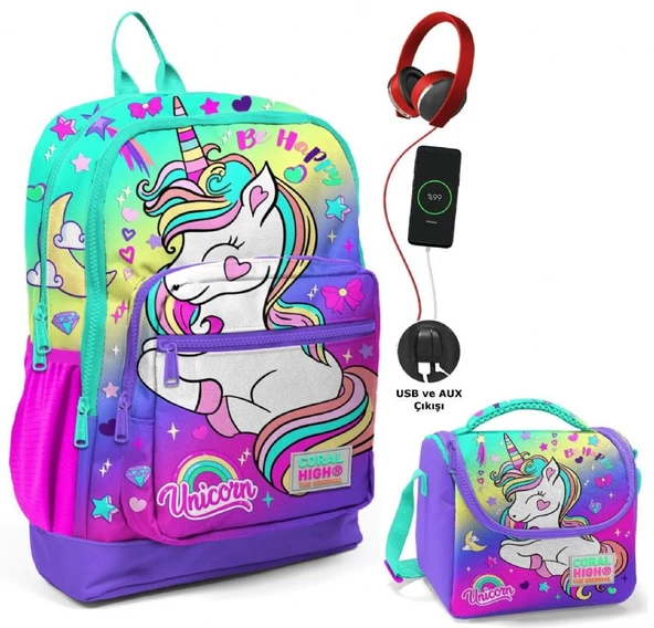 Coral High Su Yeşili Lavanta Unicorn Okul ve Beslenme Çantası Seti - Usb Soketli - Kız Çocuk