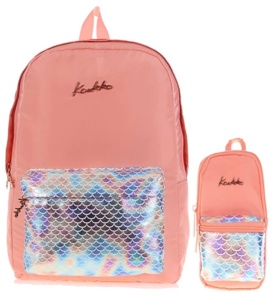 Kaukko Parlak Somon Okul Sırt Çantası ve Kalemlik Seti - Kız ürün görseli