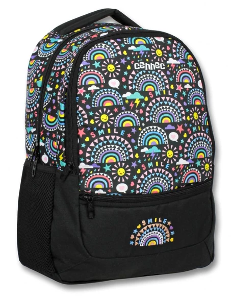 Cennec Siyah Smile Kız ve Erkek İlkokul Okul Çantası - Üç Bölmeli Sırt Çantası ürün görseli