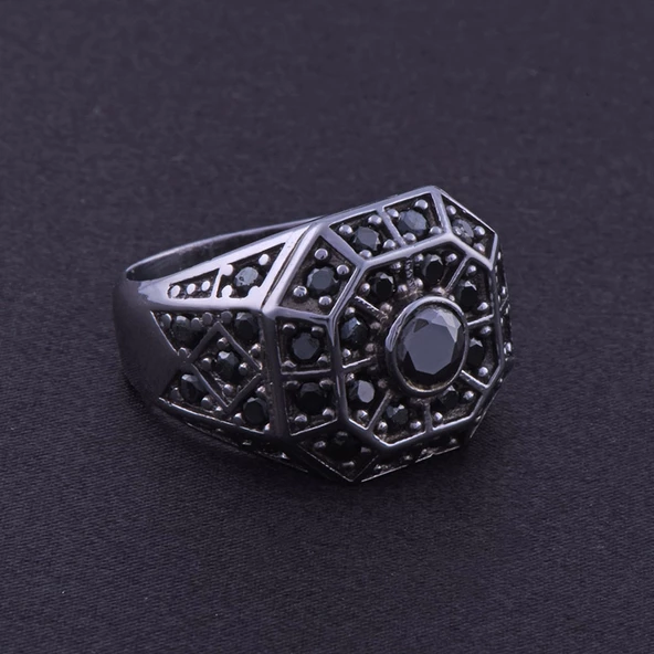 Siyah Zirkon Taşlı Erkek Gümüş Yüzük 14.8 gr - 3